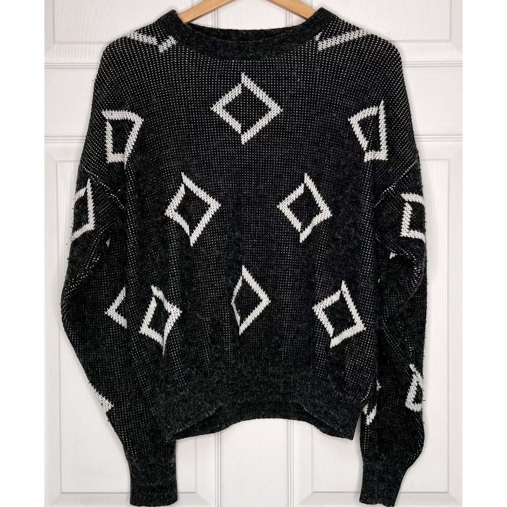 Vintage Nicolas Allen Mens L  Black Sweater Aztec Geometric Diamond Grandpa 90s
